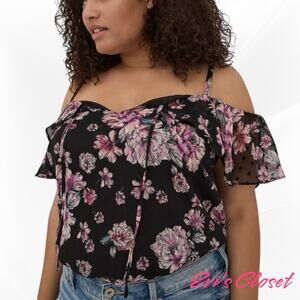 Torrid Black Pink Floral Chiffon Sz 18/20 Cold Shoulder Short Sleeve Top